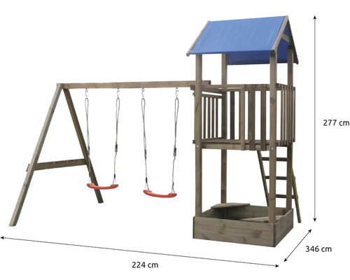 Dřevěná herní sestava s dvojitou houpačkou, žebříkem, plošinou se střechou a pískovištěm. Rozměry: 224 krát 346 krát 277 centimetrů.
