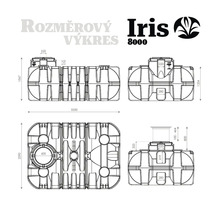 Rozměrový výkres nádrže na vodu Iris 8000 s čelním, bočním a horním pohledem a rozměry v milimetrech.