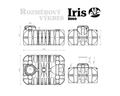 Rozměrový výkres nádrže na vodu Iris 8000 s čelním, bočním a horním pohledem a rozměry v milimetrech.