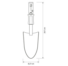 Technický výkres sázecí lopatky s délkou 29,7 centimetru a šířkou 8,27 centimetru.