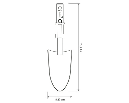 Technický výkres sázecí lopatky s délkou 29,7 centimetru a šířkou 8,27 centimetru.