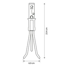 Technický nákres ručního kultivátoru s rozměry: výška 23,4 centimetru a šířka 6,9 centimetru.