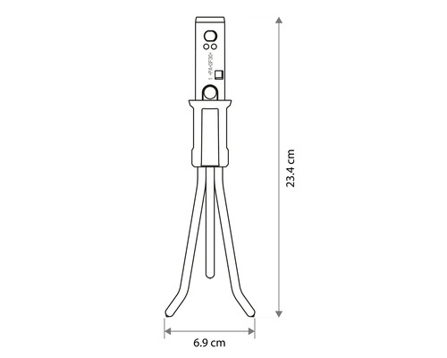 Technický nákres ručního kultivátoru s rozměry: výška 23,4 centimetru a šířka 6,9 centimetru.