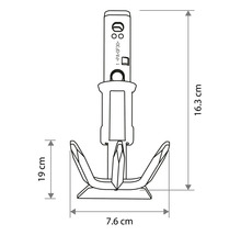 Technický výkres hmoždinky s rozměry: celková výška 16,3 centimetru, šířka 7,6 centimetru a dílčí výška 19 centimetrů.