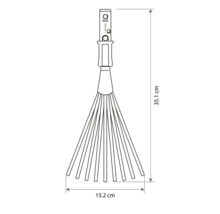 Technický výkres vějířových hrábí s rozměry: délka 35,1 centimetrů a šířka 15,2 centimetrů.
