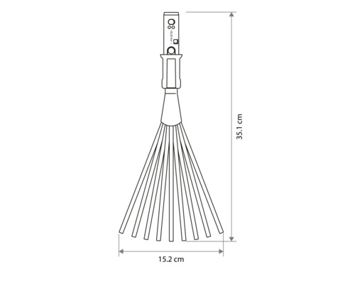 Technický výkres vějířových hrábí s rozměry: délka 35,1 centimetrů a šířka 15,2 centimetrů.