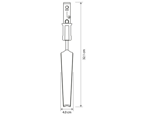 Technický výkres úzké sázecí lopatky s celkovou délkou 32,1 centimetru a šířkou 4,0 centimetru.