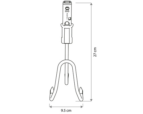 Technický nákres malého kypřiče se třemi hroty. Výška 27 centimetrů, šířka 9,5 centimetrů.