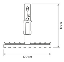 Rozměrový náčrt malých hrábí o šířce 17.7 centimetrů a výšce 17 centimetrů.
