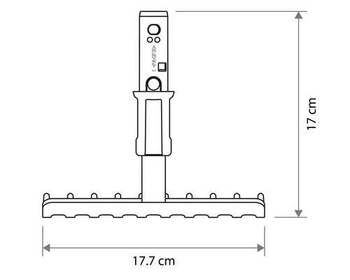 Rozměrový náčrt malých hrábí o šířce 17.7 centimetrů a výšce 17 centimetrů.