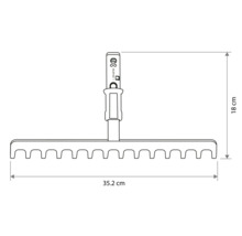Technický nákres hlavy hrábí o šířce 35,2 centimetrů a výšce 18 centimetrů.