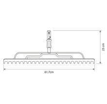 Technický nákres hlavy hrábí s rozměry 61,7 centimetrů na šířku a 23 centimetrů na výšku.