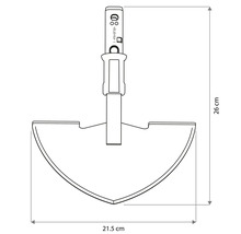 Ořezávač trávníku s šířkou 21,5 centimetrů a výškou 26 centimetrů.