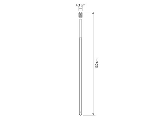 Technický výkres násady s rozměry: délka 130 centimetrů, šířka nahoře 4,3 centimetru.
