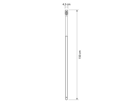 Technický výkres násady na nářadí o celkové délce 150 centimetrů a horní šířce 4,3 centimetru.