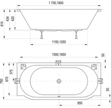 Technický výkres vany s rozměry v milimetrech, boční pohled a pohled shora.