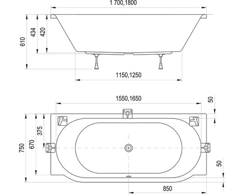 Technický výkres vany s rozměry v milimetrech, boční pohled a pohled shora.