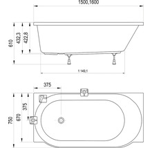 Technický výkres obdélníkové vany s bočním a horním pohledem včetně rozměrů v milimetrech.
