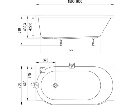 Technický výkres obdélníkové vany s bočním a horním pohledem včetně rozměrů v milimetrech.