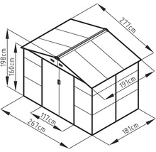 Technický nákres zahradního domku s vnějšími rozměry 267 krát 181 centimetrů a výškou hřebene 198 centimetrů.