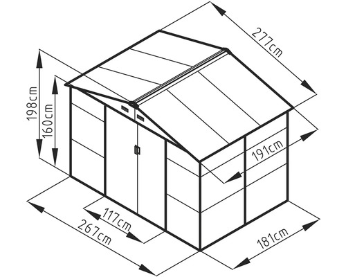 Technický nákres zahradního domku s vnějšími rozměry 267 krát 181 centimetrů a výškou hřebene 198 centimetrů.