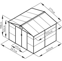 Technický nákres zahradního domku s rozměry v centimetrech: šířka 267, hloubka 277, výška 198, výška stěny 160, šířka dveří 117.