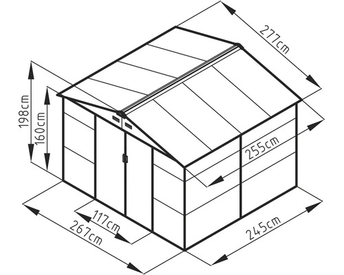 Technický nákres zahradního domku s rozměry v centimetrech: šířka 267, hloubka 277, výška 198, výška stěny 160, šířka dveří 117.