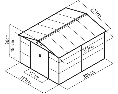 Technický nákres zahradního domku s rozměry: šířka 267 centimetrů, hloubka 309 centimetrů a celková výška 198 centimetrů.