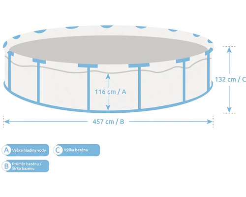 Rozměrový náčrt kulatého bazénu: průměr 457 centimetrů, celková výška 132 centimetrů, výška hladiny vody 116 centimetrů.