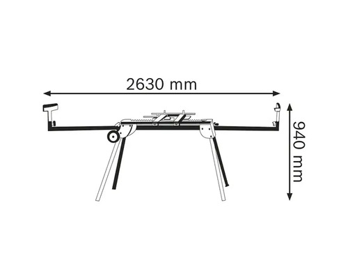 Pracovní stůl pro pily s rozměry: šířka 2630 milimetrů, výška 940 milimetrů.