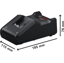 Nabíječka Bosch Professional s rozměry: délka 185 milimetrů, šířka 115 milimetrů, výška 76 milimetrů.