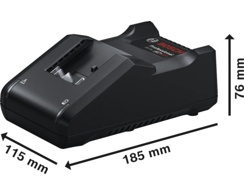 Nabíječka Bosch Professional s rozměry: délka 185 milimetrů, šířka 115 milimetrů, výška 76 milimetrů.