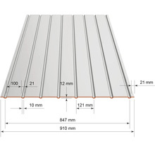 Profilovaný plech s rozměry: celková šířka 910 milimetrů, krycí šířka 847 milimetrů, výška 12 milimetrů a rozteč 121 milimetrů.