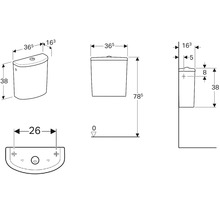 Technický nákres splachovací nádržky s údaji o šířce, výšce a hloubce pro montáž na stěnu.