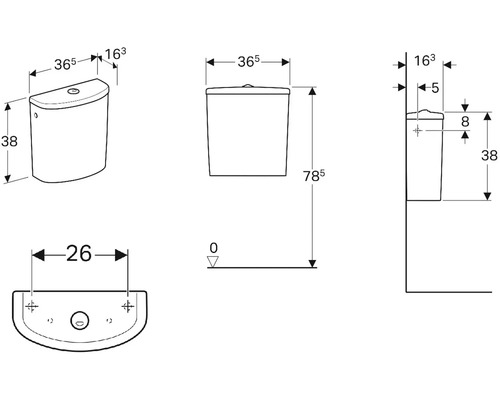 Technický nákres splachovací nádržky s údaji o šířce, výšce a hloubce pro montáž na stěnu.