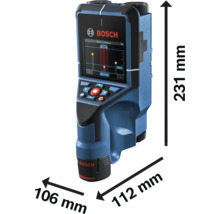 Detektor Bosch s rozměry výška 231 milimetrů, šířka 106 milimetrů a hloubka 112 milimetrů.
