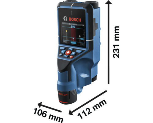 Detektor Bosch s rozměry výška 231 milimetrů, šířka 106 milimetrů a hloubka 112 milimetrů.
