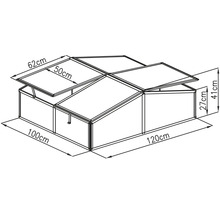 Technický nákres pařeniště s rozměry: délka 120 centimetrů, šířka 100 centimetrů a výška 27 až 41 centimetrů.