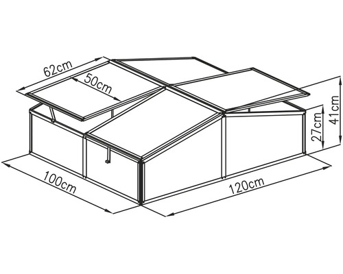 Technický nákres pařeniště s rozměry: délka 120 centimetrů, šířka 100 centimetrů a výška 27 až 41 centimetrů.