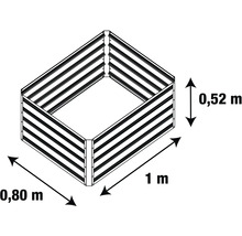 Kovový vyvýšený záhon s rozměry 1 metr délky, 0,80 metru šířky a 0,52 metru výšky.