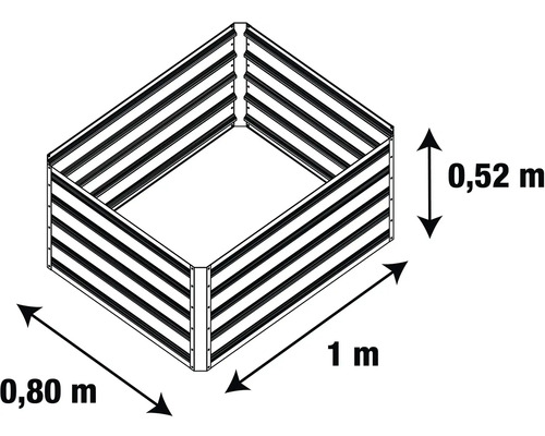 Kovový vyvýšený záhon s rozměry 1 metr délky, 0,80 metru šířky a 0,52 metru výšky.