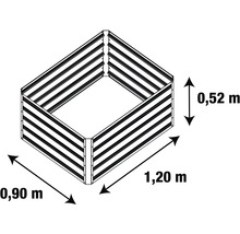 Nákres obdélníkového vyvýšeného záhonu s rozměry 1,20 metru šířka, 0,90 metru hloubka a 0,52 metru výška.