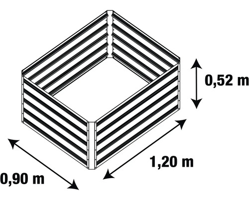 Nákres obdélníkového vyvýšeného záhonu s rozměry 1,20 metru šířka, 0,90 metru hloubka a 0,52 metru výška.