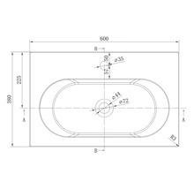 Technický výkres obdélníkového umyvadla v pohledu shora s rozměry 600 na 380 milimetrů a detaily otvorů.