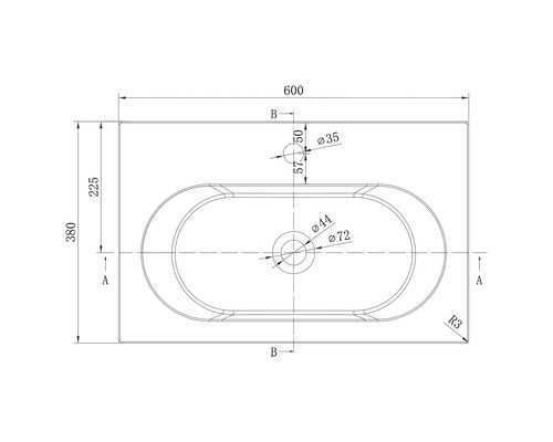 Technický výkres obdélníkového umyvadla v pohledu shora s rozměry 600 na 380 milimetrů a detaily otvorů.