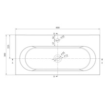 Technický výkres umyvadla v pohledu shora s rozměry v milimetrech. Šířka 800 milimetrů, hloubka 380 milimetrů.