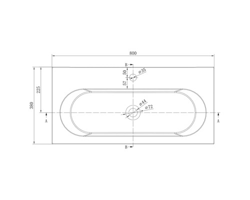 Technický výkres umyvadla v pohledu shora s rozměry v milimetrech. Šířka 800 milimetrů, hloubka 380 milimetrů.