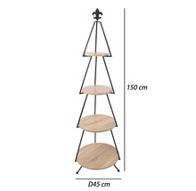 Pyramidový kovový stojan se čtyřmi kulatými dřevěnými policemi, ozdoba lilie, výška 150 centimetrů, průměr 45 centimetrů.