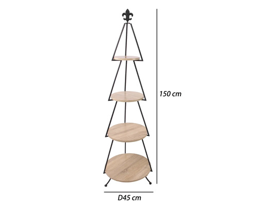 Pyramidový kovový stojan se čtyřmi kulatými dřevěnými policemi, ozdoba lilie, výška 150 centimetrů, průměr 45 centimetrů.