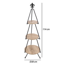 Třípatrový regál na květiny z kovu a dřeva s ozdobnou lilií, výška 114 centimetrů, průměr 38 centimetrů.